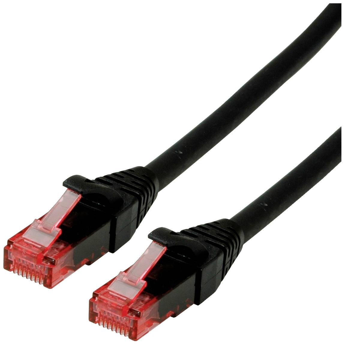 Schwarzes Ethernet-Kabel mit zwei roten Steckern, verwendet für Netzwerkverbindungen.
