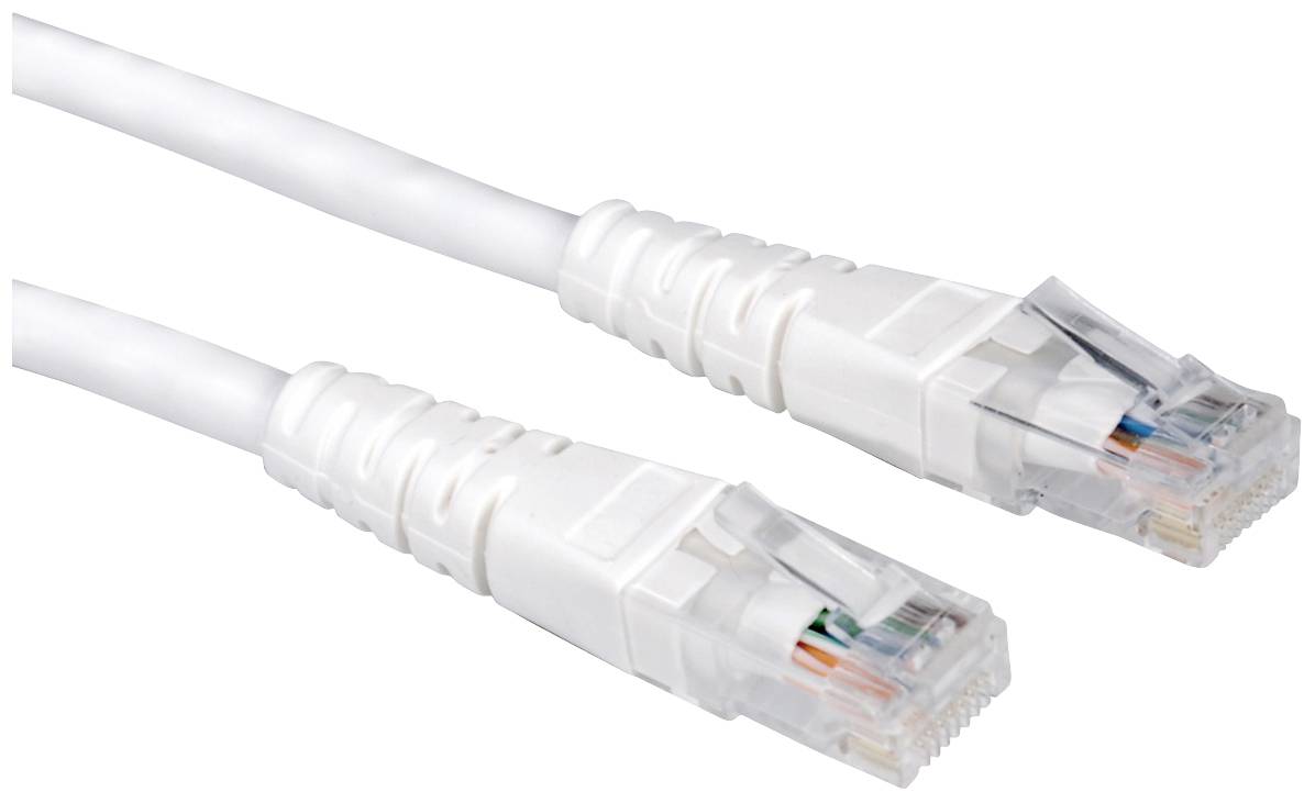 Ein weißes Ethernet-Kabel mit zwei RJ-45 Steckern, üblicherweise zur Netzwerkverbindung verwendet.