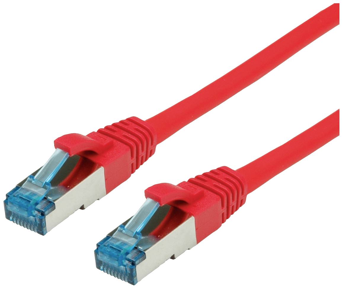 Zwei rote Ethernet-Kabel mit blauen Steckern. Ideal zur Netzwerkverbindung von Geräten wie Computern und Routern.