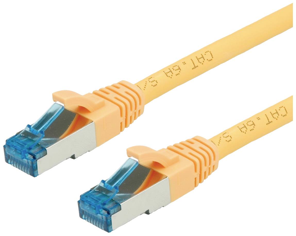 Zwei orange Netzwerkkabel mit RJ45-Steckern, geeignet für Gigabit-Verbindungen, auf weißem Hintergrund.