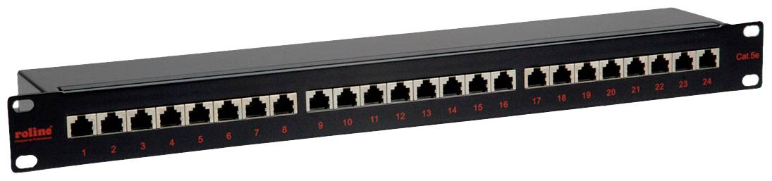 Patchpanel mit 24 RJ45-Anschlüssen, nummeriert von 1 bis 24. Für Netzwerkverbindungen in Racks geeignet.