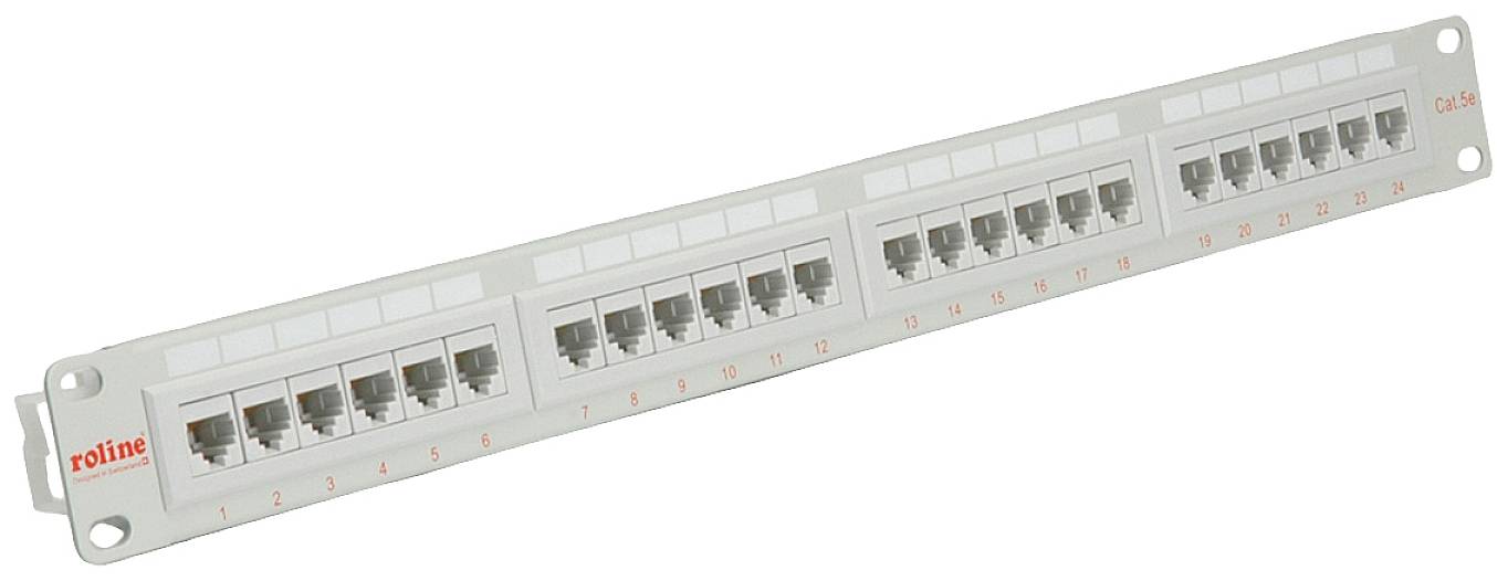 Patchpanel mit 24 RJ45-Ports zur Verwaltung von Netzwerkverbindungen, geeignet für strukturierte Verkabelung in Server- oder Netzwerkschränken.