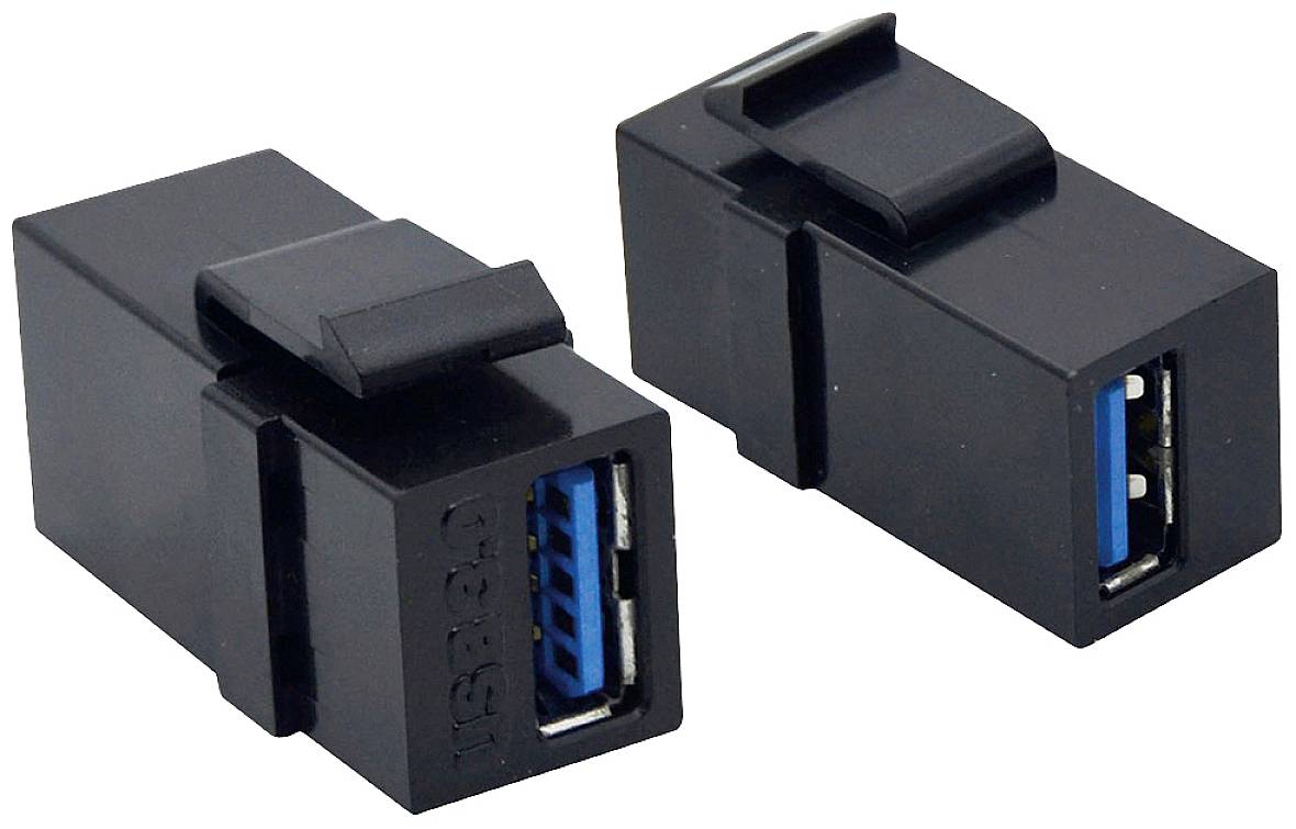 Zwei schwarze USB 3.0-Keystone-Module mit blauen Innenanschlüssen, geeignet für den Einbau in Anschlussfelder oder Platten.