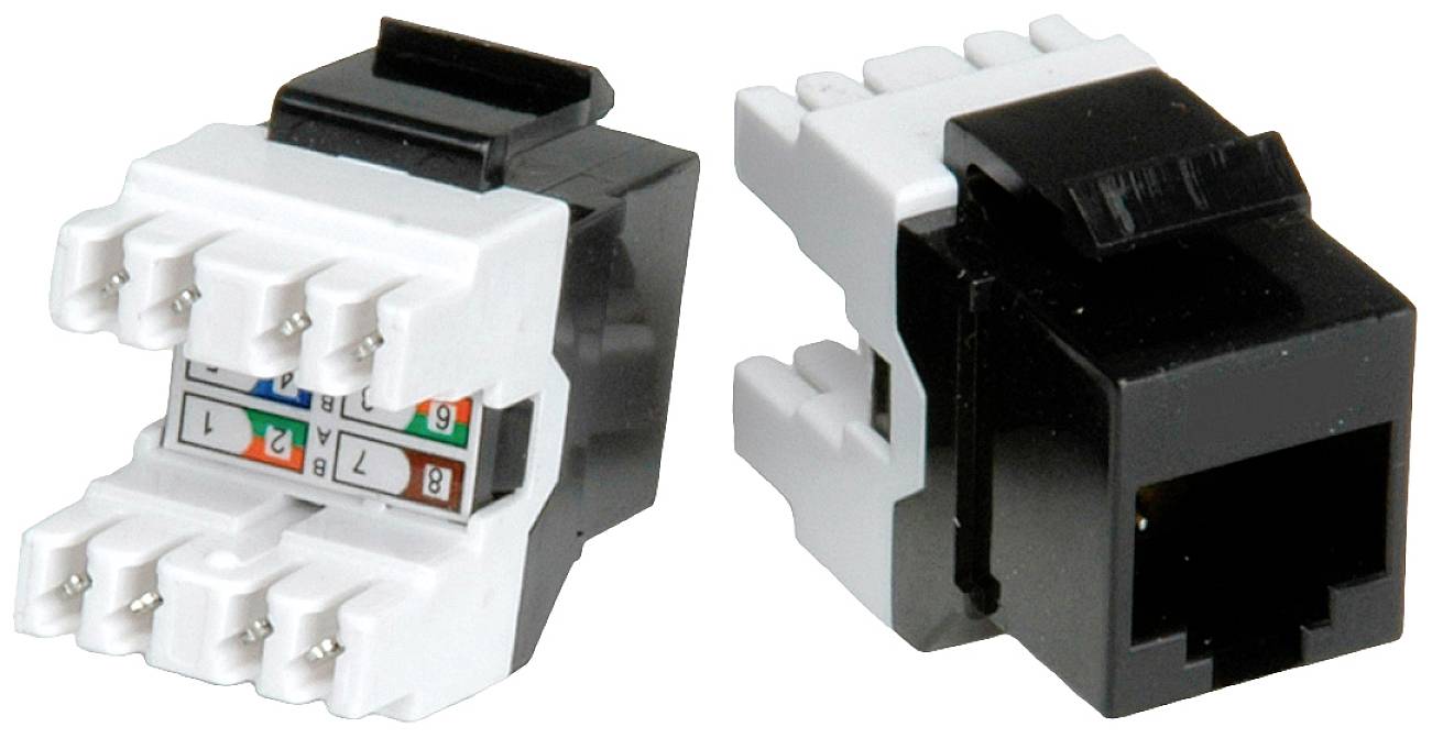 Zwei Keystone-Module; links sind Kabelanschlüsse mit Farbmarkierungen sichtbar, rechts eine RJ45-Buchse. Bei der Netzwerkinstallation verwendet.