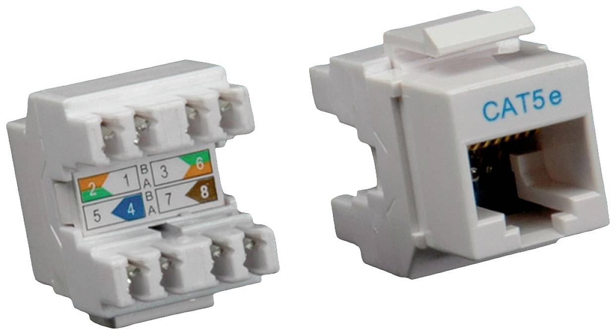 Zwei CAT5e-Netzwerkbuchsen, eine zeigt Drahtanschlüsse mit Farbcodes, die andere die externe Anschlussseite.