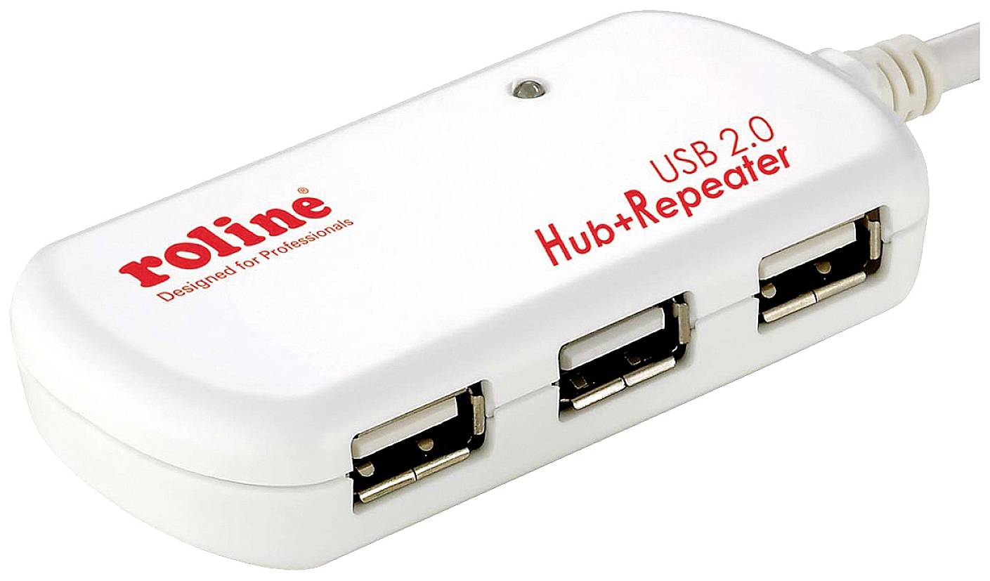 Weißer USB-Hub mit drei Anschlüssen und rotem Aufdruck 'roline USB 2.0 Hub+Repeater'.