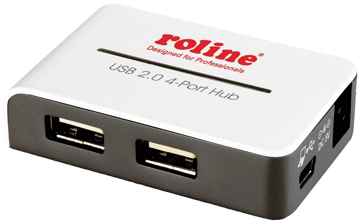 USB 2.0 4-Port Hub, silbernes Gehäuse, roter Schriftzug 'Designed for Professionals', zwei USB-Ports sichtbar.