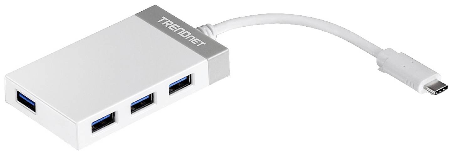 USB-C-Adapter mit vier USB 3.0-Anschlüssen der Marke TRENDnet, geeignet zum Anschluss mehrerer Geräte an einen Computer.