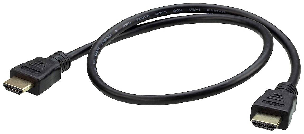 Ein schwarzes HDMI-Kabel mit Steckern an beiden Enden, geeignet für die Verbindung von Audiovideo-Geräten wie Computern zu Fernsehern.