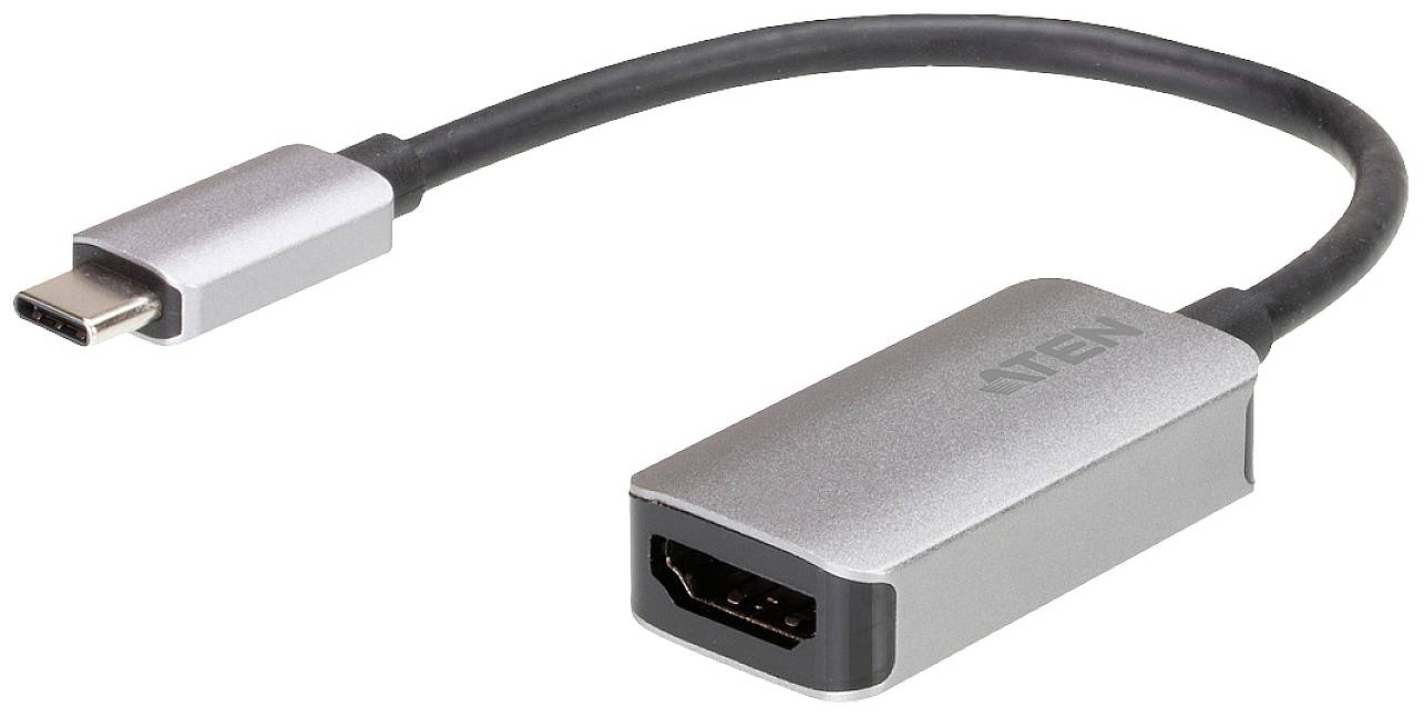 Ein HDMI-auf-USB-C-Adapter in silberner Farbe, mit HDMI-Buchse und USB-C-Stecker, genutzt für Videoanschlüsse.