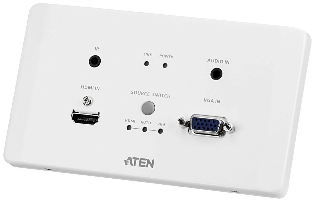 Weiße Multimedia-Wandplatte mit HDMI-, VGA- und Audio-Eingängen sowie IR- und Power-Anzeige. Schalter für Eingangswahl. Markenlogo unten.