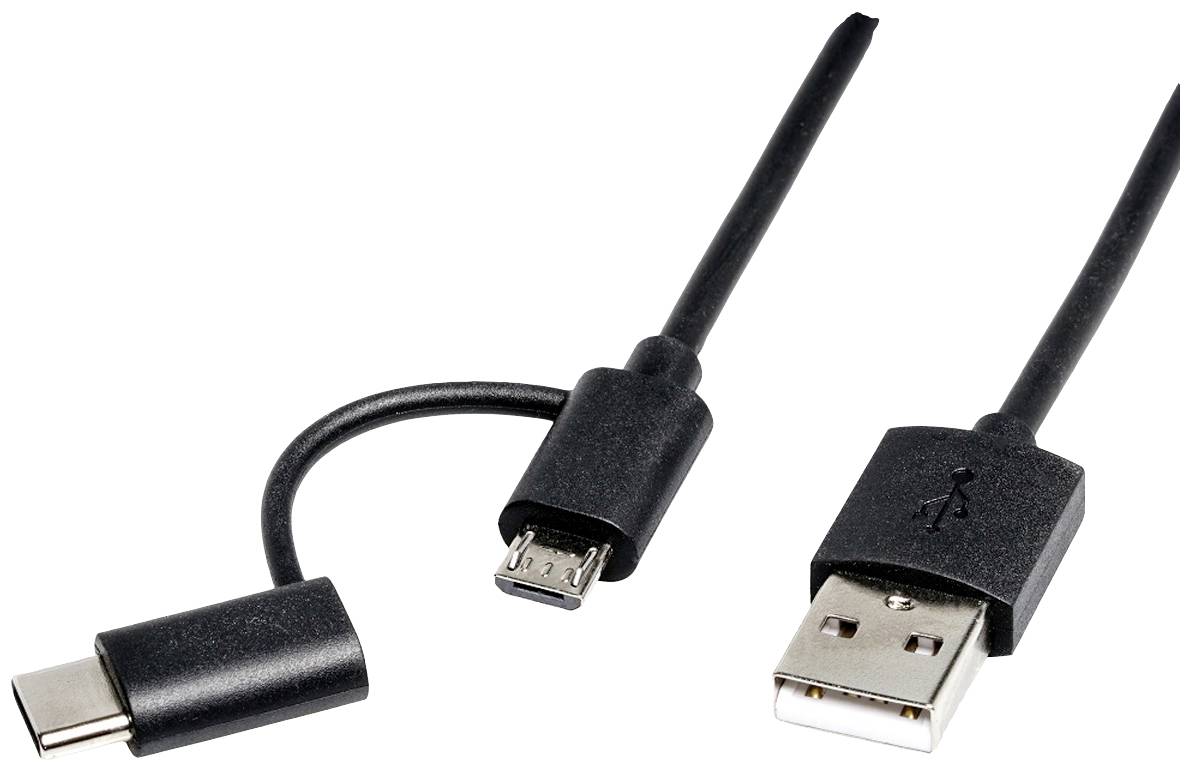 Schwarzes USB-Kabel mit drei Steckern: USB-C, Micro-USB und USB-A. Flexibles Adapterkabel für verschiedene Anschlüsse.