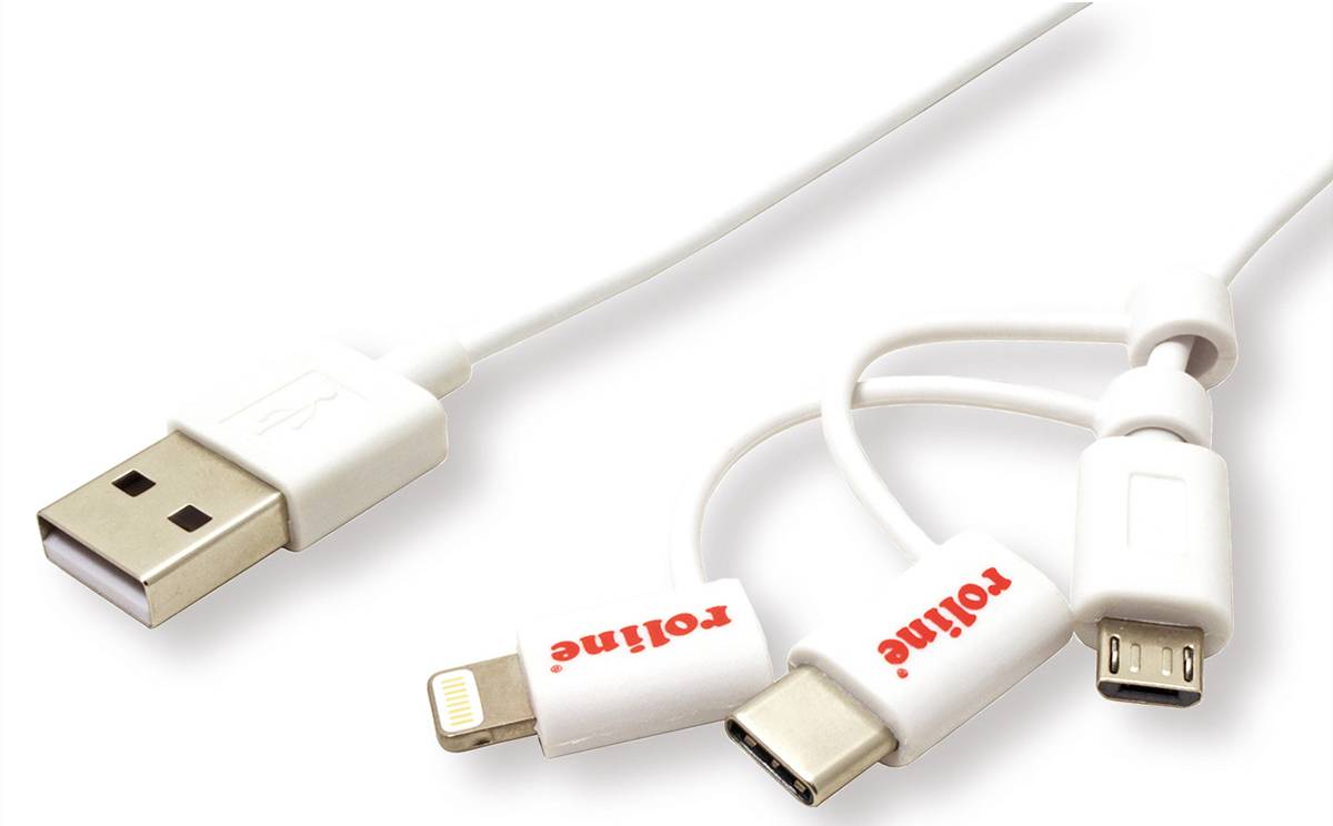Ein USB-Ladekabel mit drei verschiedenen Anschlüssen: Lightning, USB-C und Micro-USB, ermöglicht vielseitiges Aufladen.