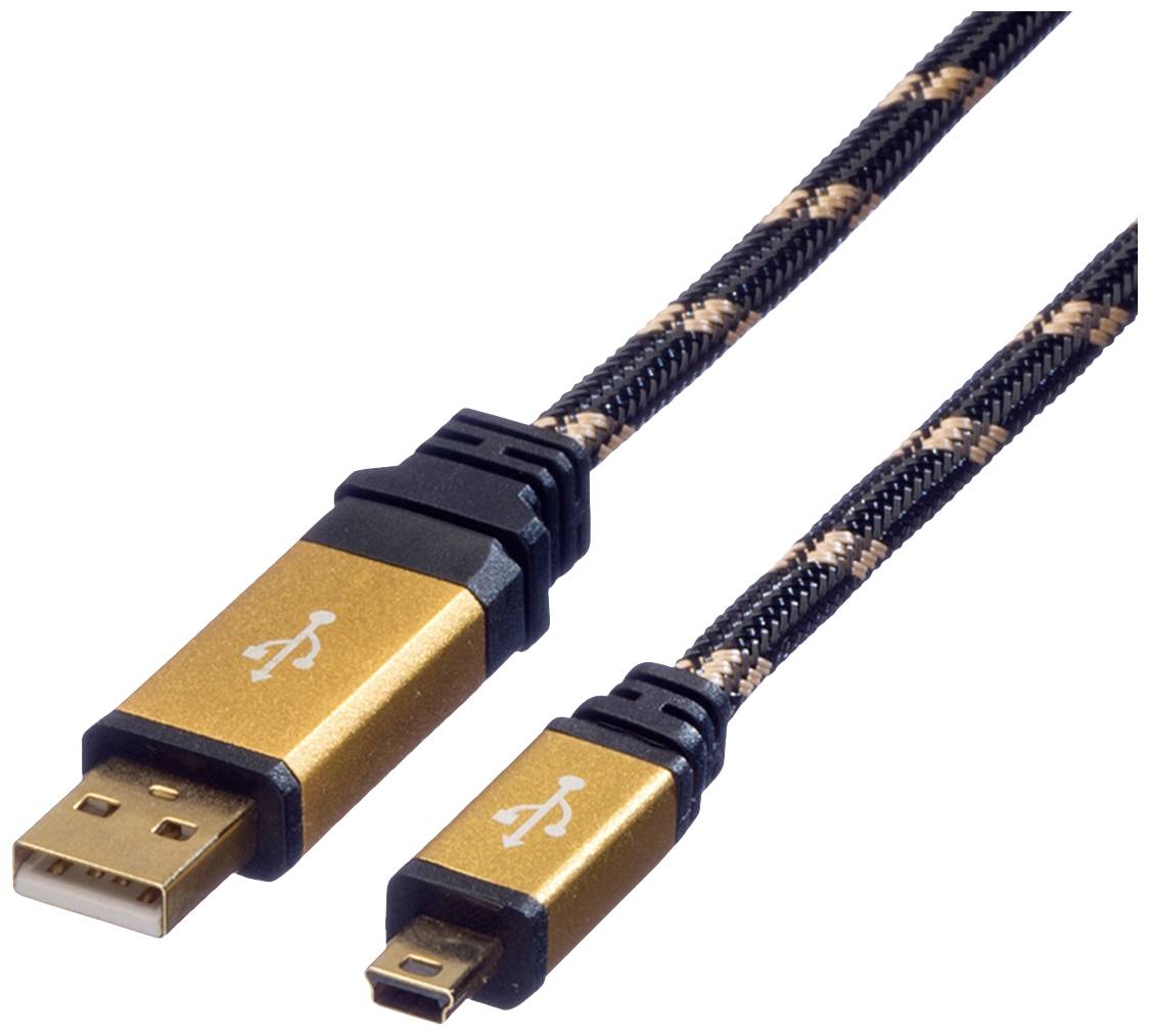 Goldfarbenes USB-Kabel mit gewebtem Muster und Standard- sowie Mini-USB-Steckern. Zum Verbinden elektronischer Geräte.