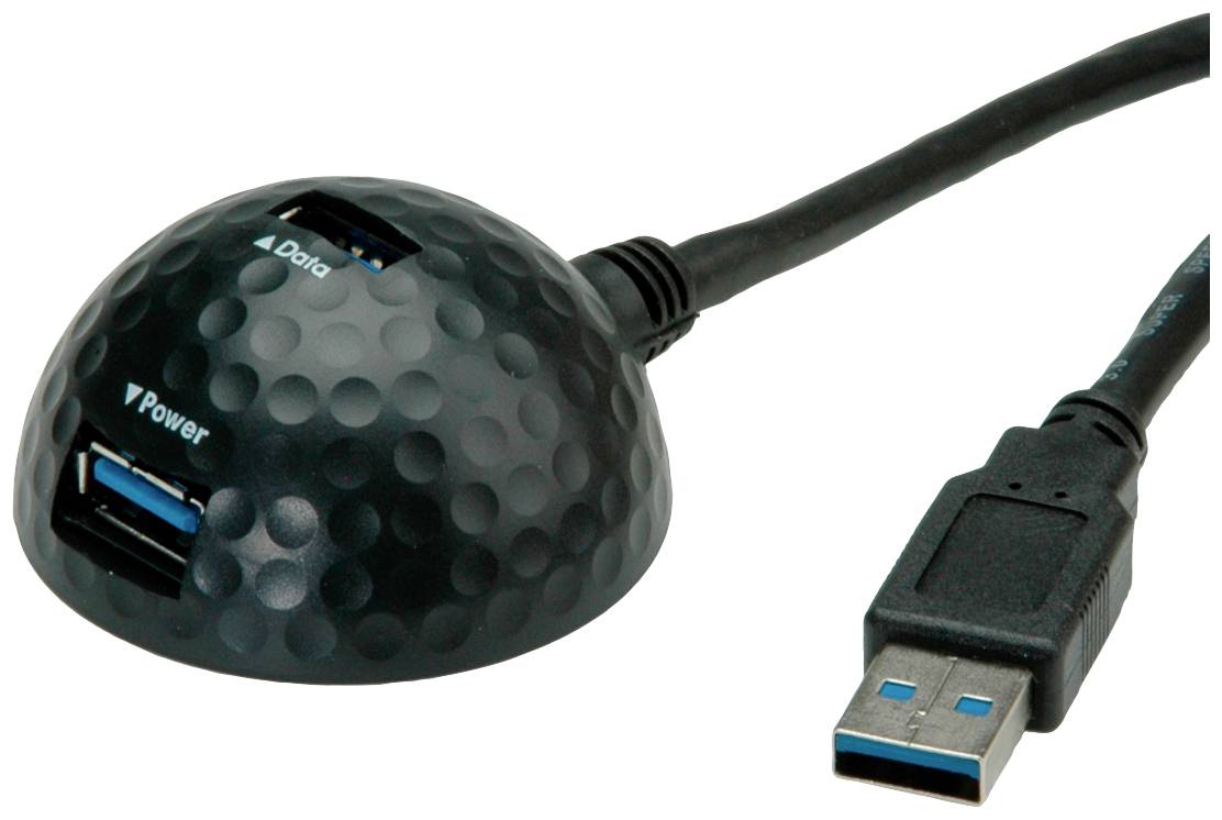 Externer USB-Hub mit halbkreisförmigem Design, zwei USB-Anschlüssen, gekennzeichnet als 'Power' und 'Data'. USB-Kabel verbunden.