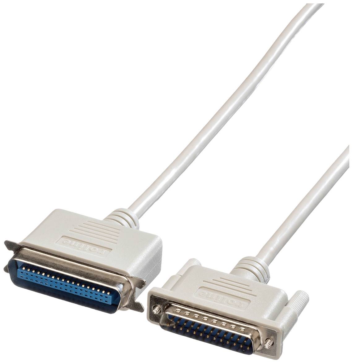Ein parallel Anschlusskabel mit zwei Steckern: Links ein blauer 36-poliger Stecker, rechts ein 25-poliger Stecker. Beide sind aus Metall.