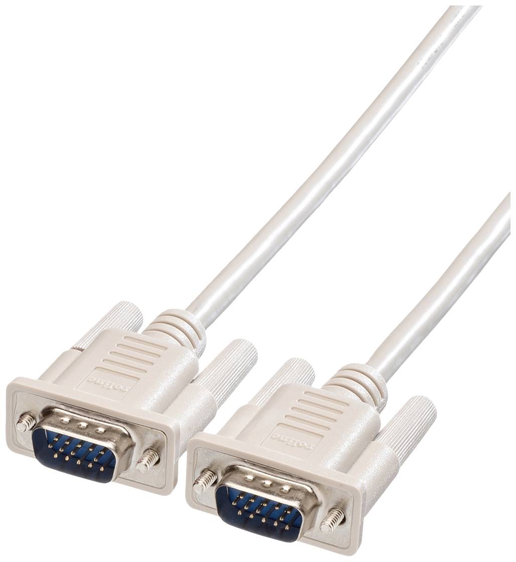 Zwei beige VGA-Kabelstecker mit blauen Innenseiten und Metallpins, verbunden durch ein langes Kabel.