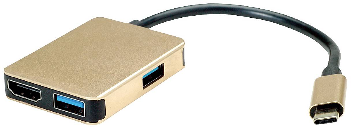 USB-C-Adapter mit zwei HDMI-Anschlüssen und einem USB-Anschluss in goldener Farbe. Verbindet verschiedene Geräte für Videowiedergabe.