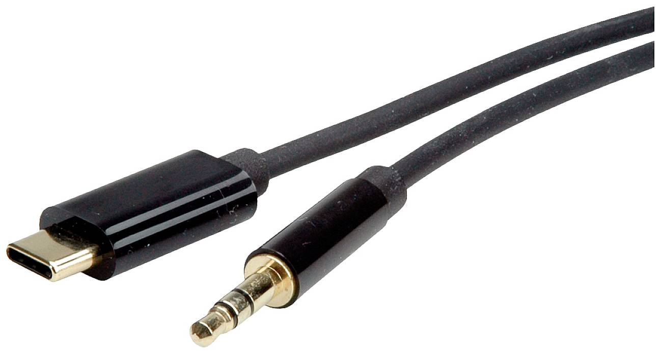 USB-C-zu-Audiokabel, schwarz, nebeneinander liegend. Links USB-C-Stecker, rechts 3,5-mm-Klinkenstecker.