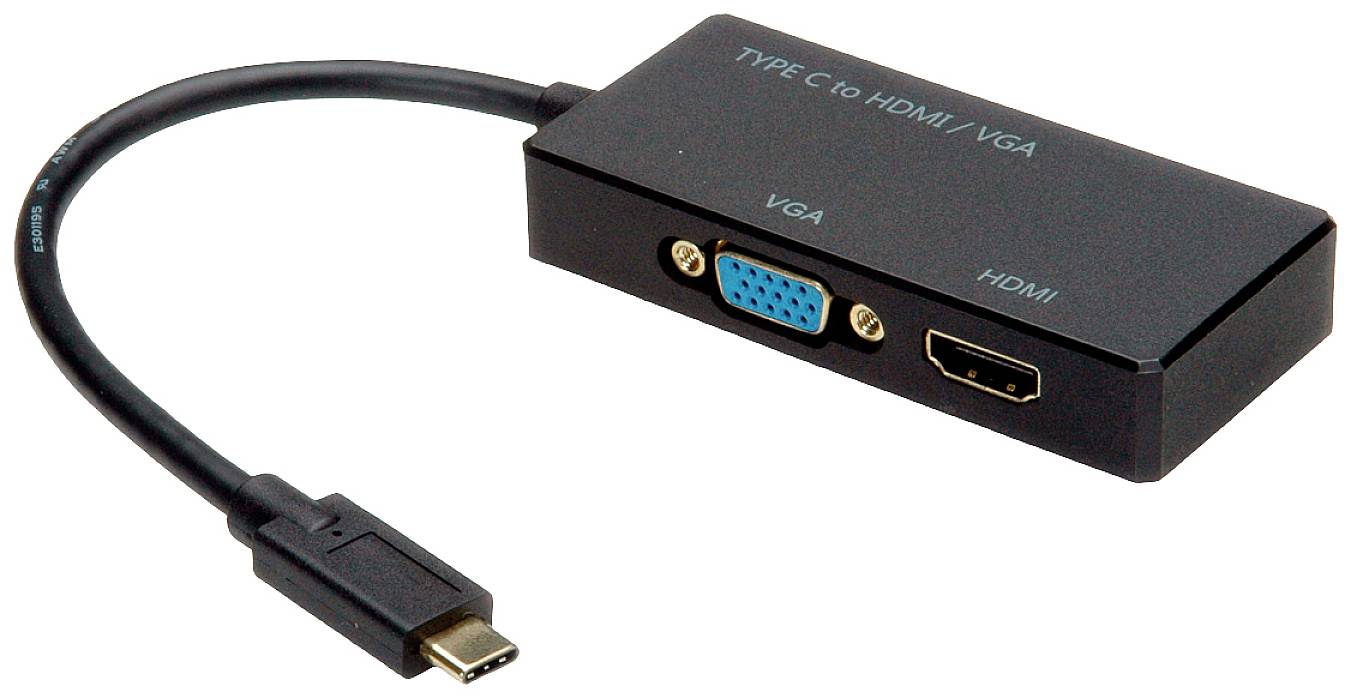 'Adapter von USB-C zu HDMI/VGA'. Schwarzer Adapter mit Anschlüssen für VGA und HDMI, verbunden durch ein USB-C-Kabel.