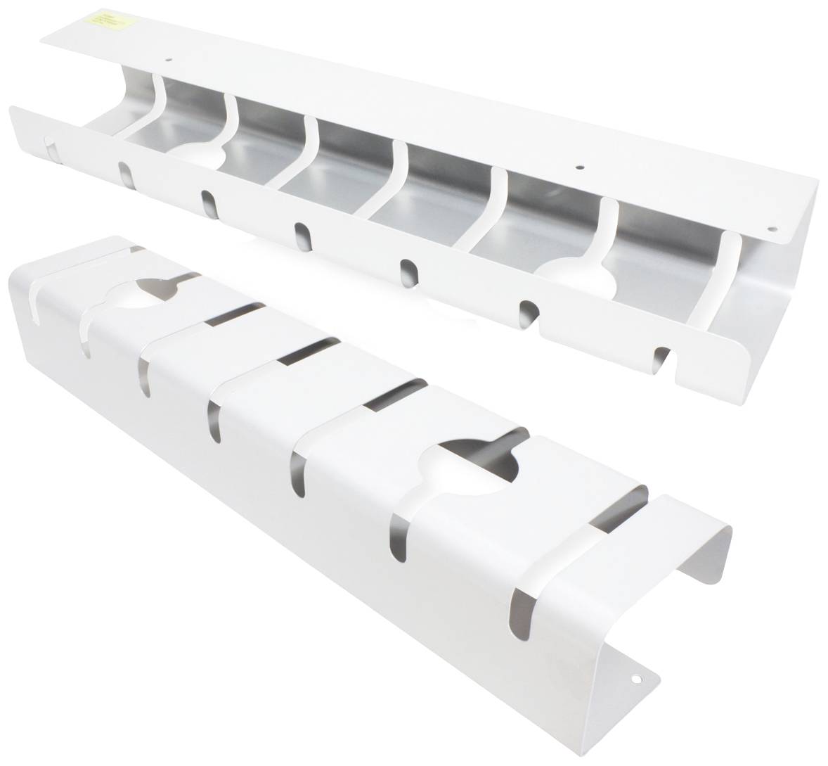 Zwei weiße Kabelmanagement-Tröge mit mehreren Öffnungen zur geordneten Führung und Organisation von Kabeln, nebeneinander positioniert.