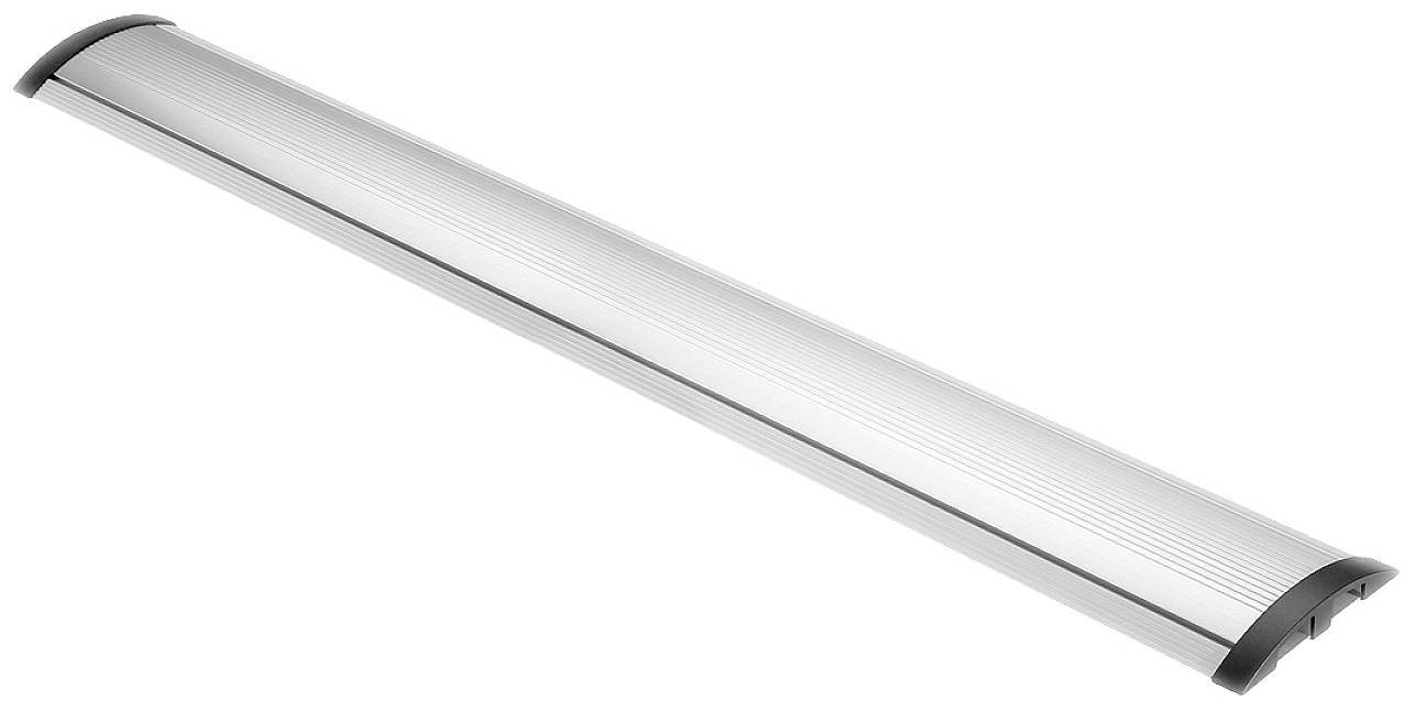 Langweiliges silbernes Rechteck mit dunklen Kappen an den Enden, möglicherweise ein technisches Gerät oder Bauteil.