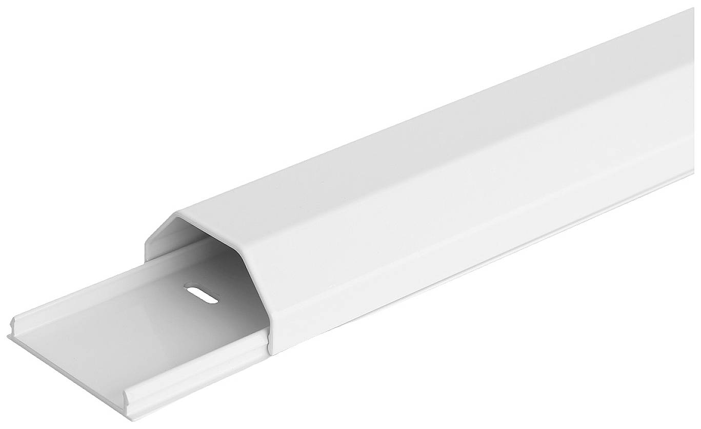 Ein weißer Kabelkanal in länglicher Form, geöffnet, zeigt Innenraum zur Kabelführung. Geeignet für saubere und sichere Kabelorganisation.