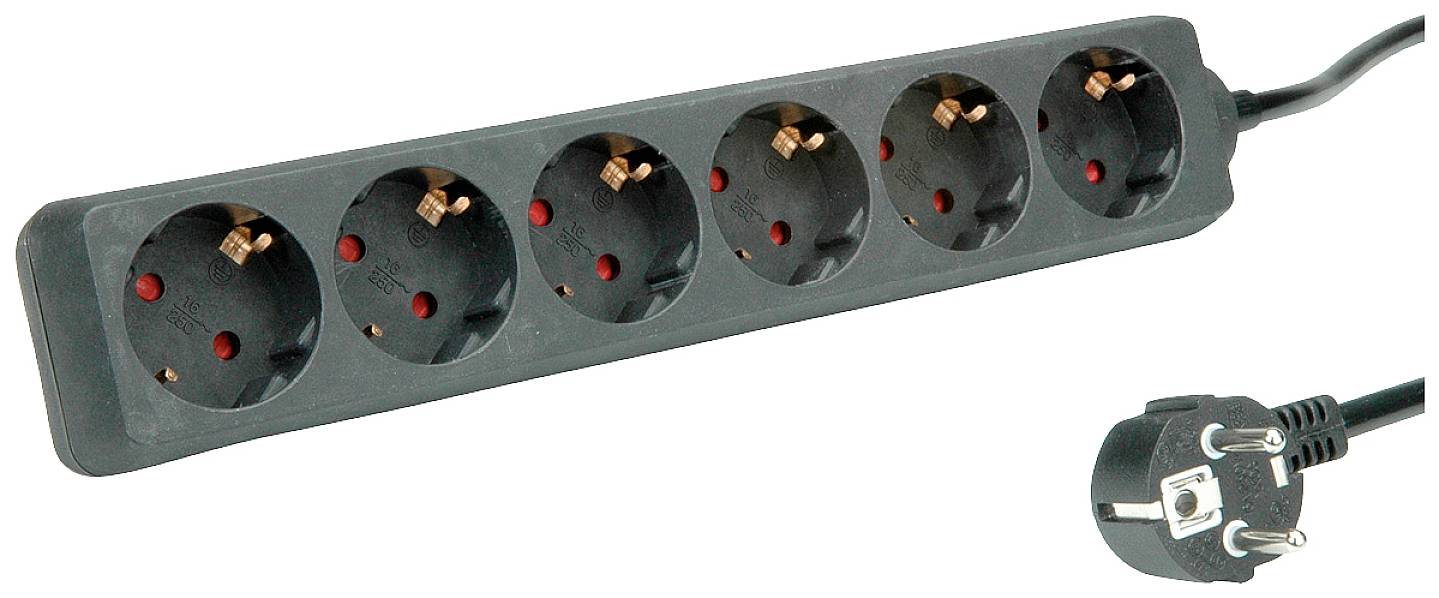 Sechsfach-Steckdosenleiste in Schwarz mit Netzkabel und Schuko-Stecker, geeignet zum Anschluss mehrerer elektronischer Geräte.