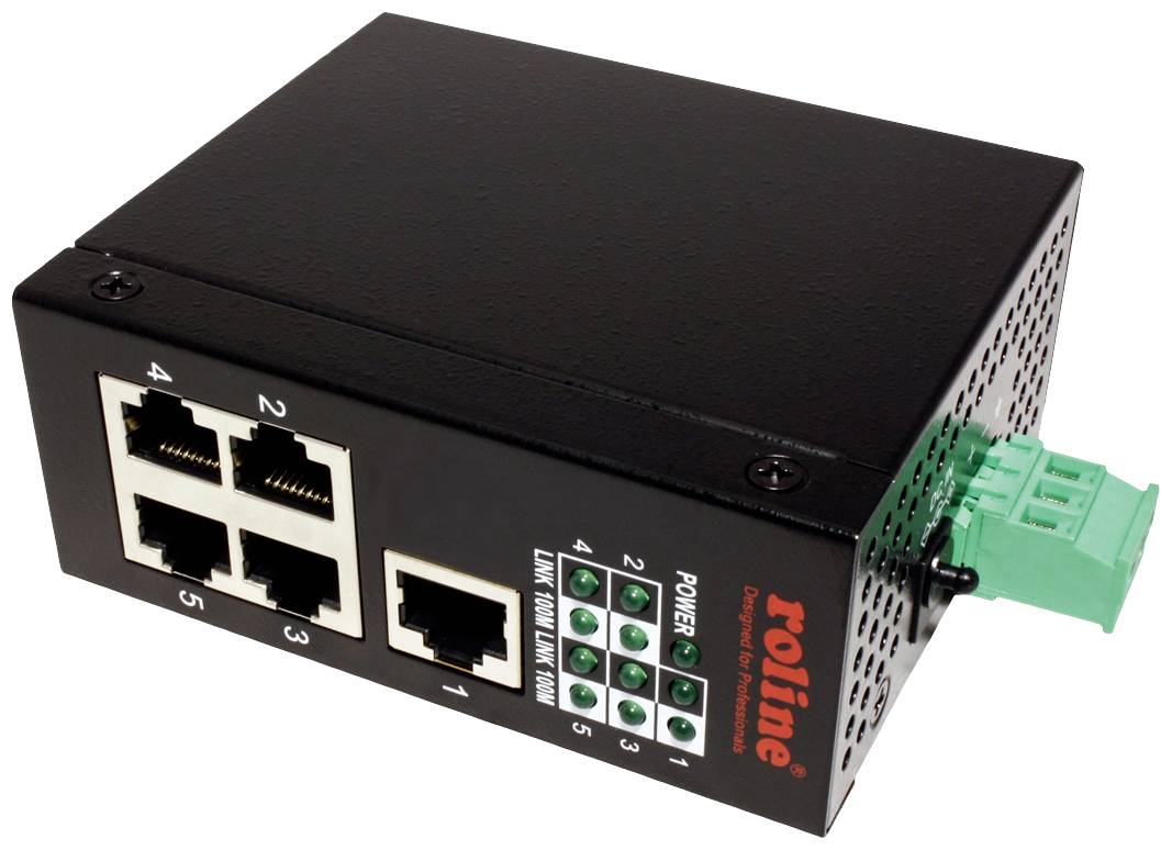 Ein schwarzer Roline Netzwerk-Switch mit vier Ethernet-Ports und grünen Statusleuchten für die Netzwerkverbindung.