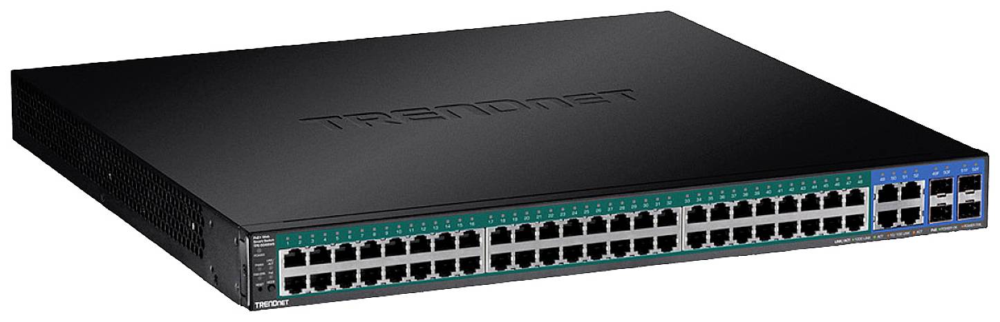 Ein schwarzer Netzwerkswitch mit 48 Ethernet-Ports, geeignet für den Einsatz in umfangreichen Netzwerkinstallationen.