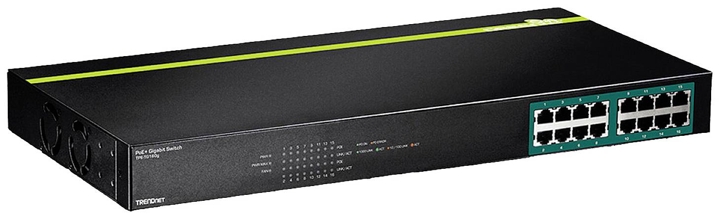 Schwarzer Netzwerk-Switch mit 16 Ethernet-Ports und grüner Linie auf der Oberseite, Modellnummer und Status-LEDs sichtbar.