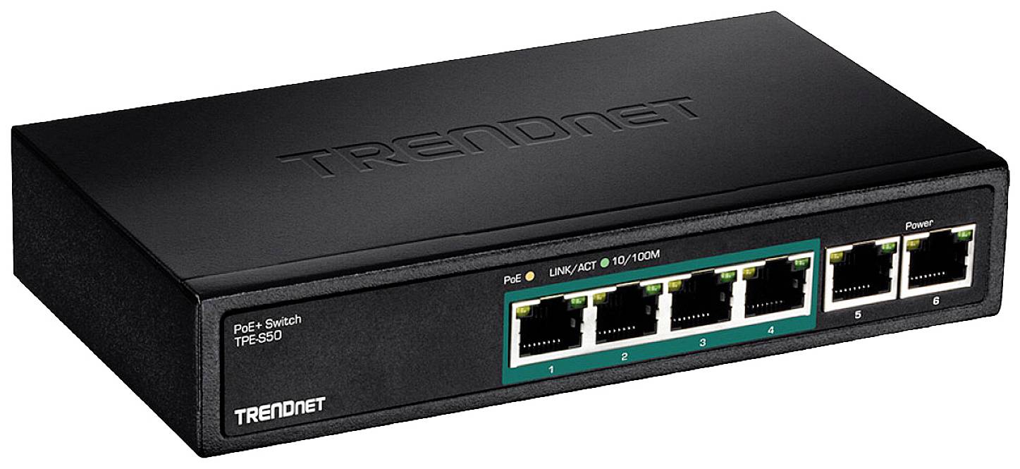 Ein schwarzer Netzwerk-Switch mit fünf Ethernet-Ports auf der Vorderseite, jeder mit LED-Anzeigen für Verbindung und Aktivität.