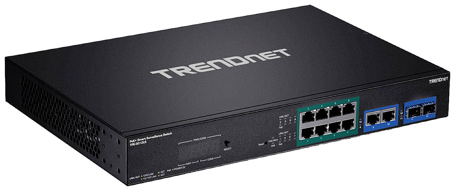 Ein schwarzer Netzwerk-Switch mit mehreren Ethernet-Ports. Der Name 'TRENDnet' ist sichtbar auf der Oberseite des Geräts.