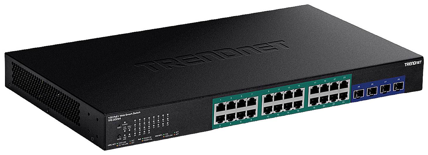 Ein 24-Port-Netzwerkswitch von TRENDnet, geeignet für die Einrichtung oder Erweiterung eines kabelgebundenen Netzwerks mit hoher Leistungsfähigkeit.