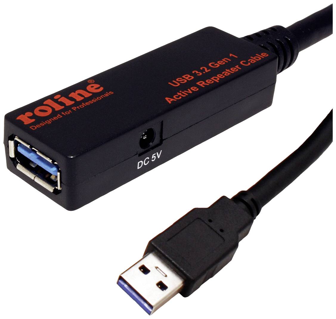 Ein USB 3.2 Gen 1 Aktiv-Repeaterkabel von roline mit schwarzem Gehäuse. Zeigt USB-Anschlüsse und die Aufschrift 'DC 5V'.