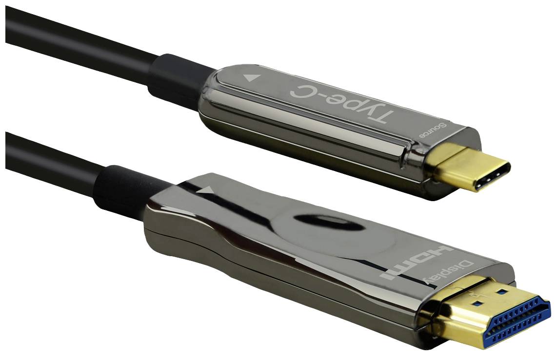Ein schwarzes Kabel mit einem USB-C Stecker auf der einen Seite und einem HDMI-Stecker auf der anderen, zur Video- und Audioübertragung.