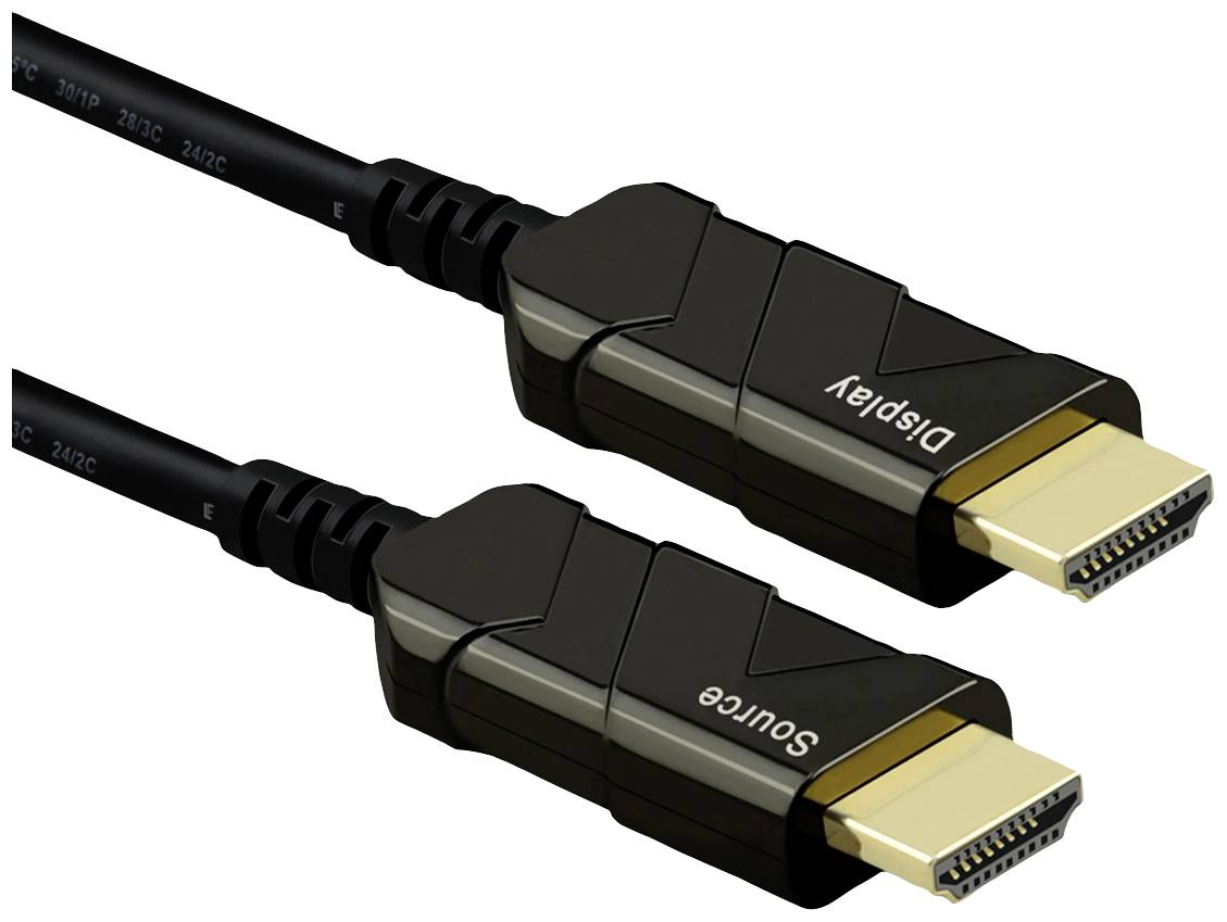 Zwei schwarze HDMI-Kabel mit goldenen Anschlüssen auf weißem Hintergrund; eines ist mit 'Display', das andere mit 'Source' beschriftet.