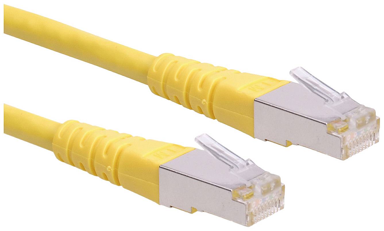 Gelbes Ethernet-Kabel mit zwei RJ45-Steckern für Netzwerkverbindungen.