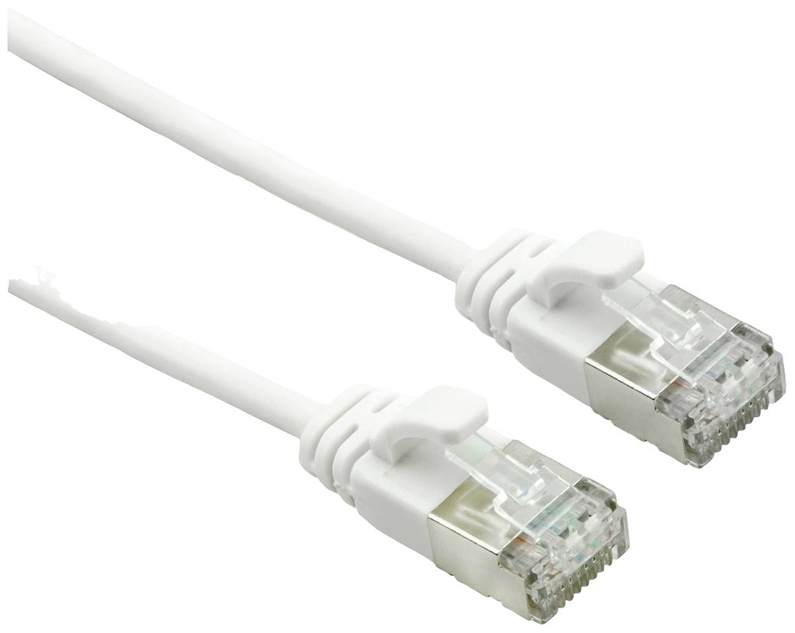 Ein weißes Ethernetkabel mit zwei RJ-45-Steckern.
