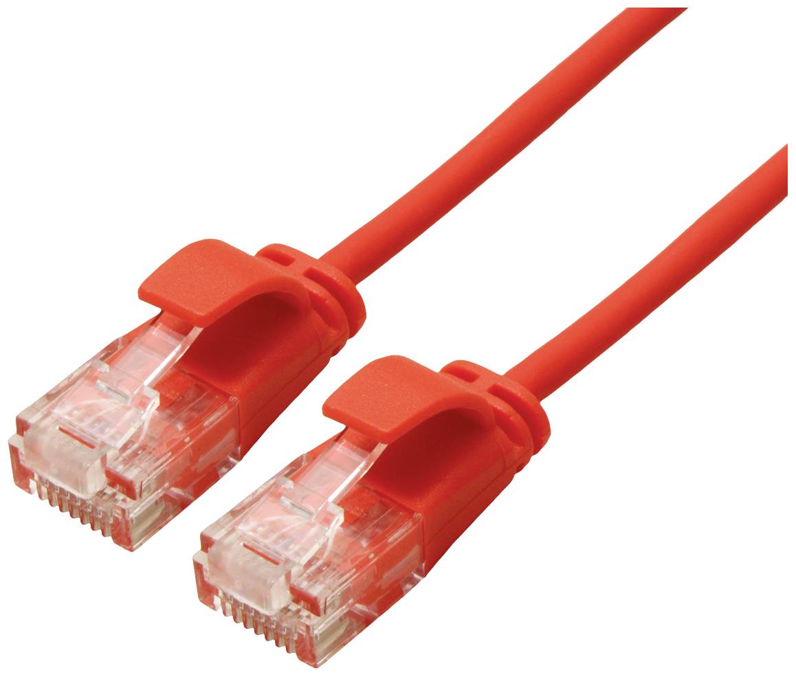 Zwei rote Ethernet-Kabel mit transparenten RJ45-Steckern, die für Netzwerkverbindungen verwendet werden.