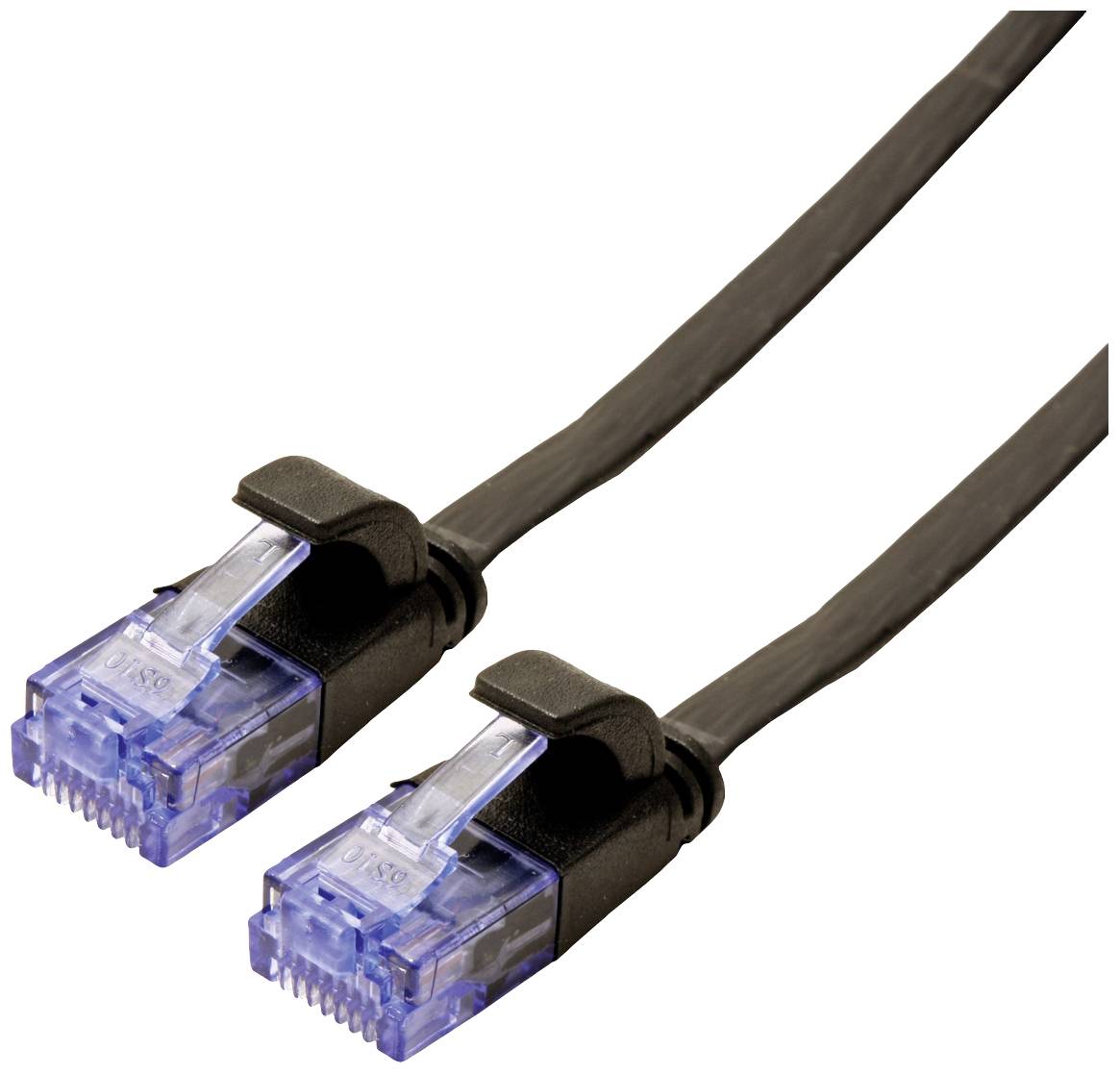 Schwarzes Ethernet-Kabel mit zwei transparenten, blauen RJ45-Steckern an beiden Enden, geeignet für Netzwerkverbindungen.