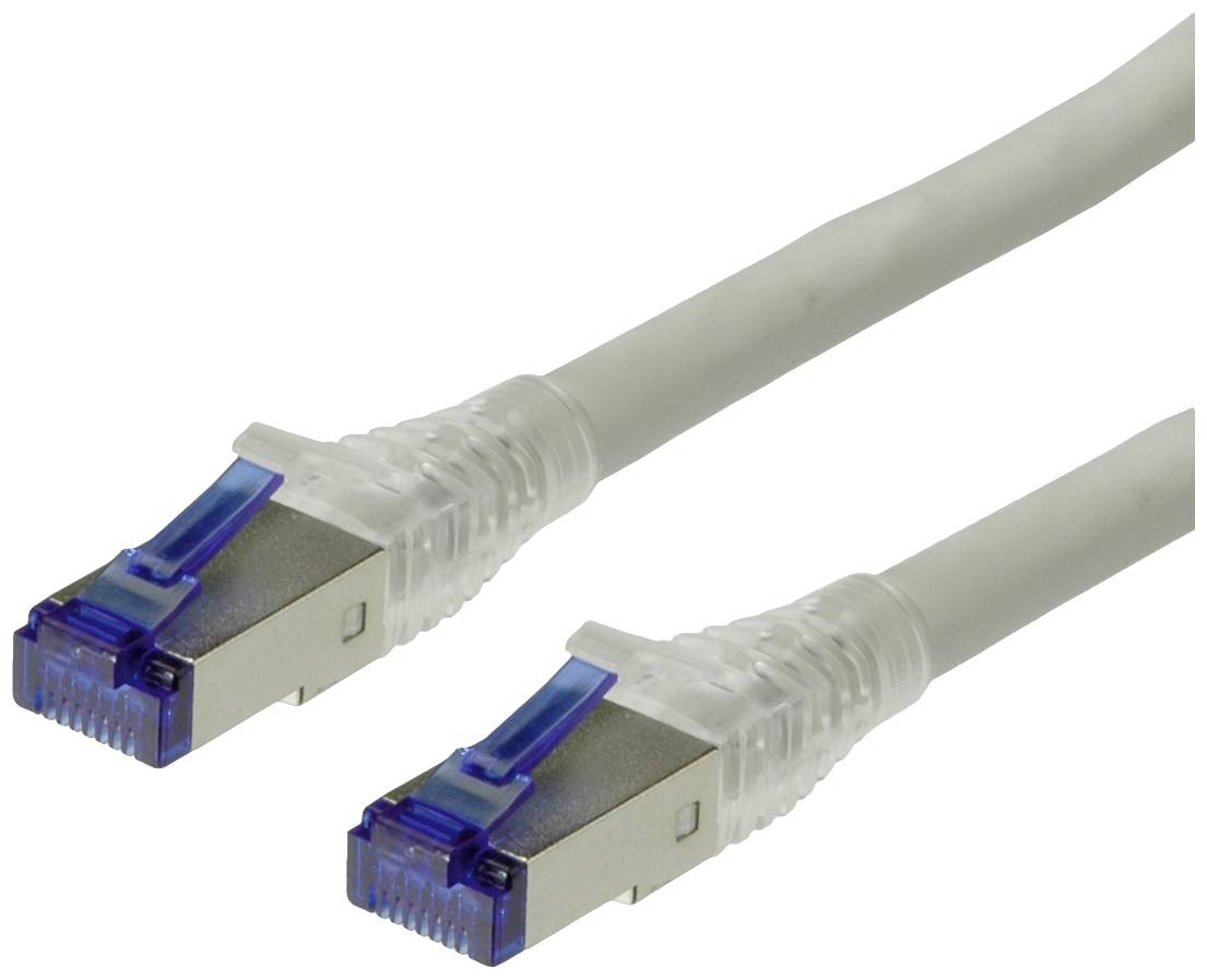 Zwei graue Netzwerkkabel mit blauen RJ45-Steckern an beiden Enden, die für Ethernet-Verbindungen verwendet werden.