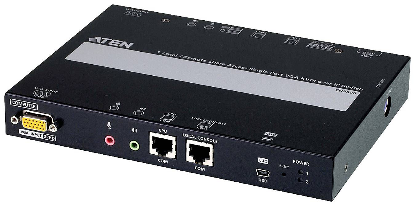 Schwarzer KVM-Switch für Fernzugriff, zwei Ethernet-Ports, VGA- und Audio-Anschlüsse, USB, ideal für Serververwaltung.