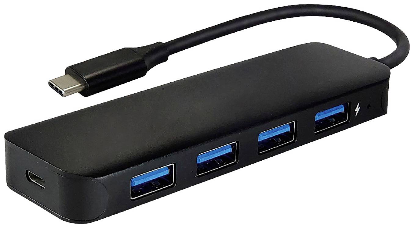 USB-C-Hub mit einem Kabelanschluss und vier USB-Anschlüssen.