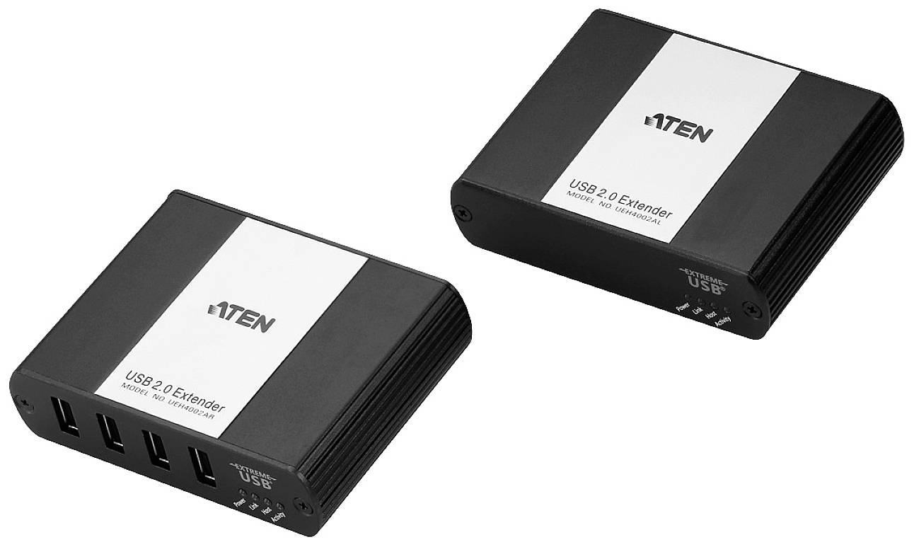 Zwei schwarze ATEN USB 2.0 Extender. Das linke Gerät hat vier USB-Ports, das rechte zeigt Modellnummern und dient als Empfänger.