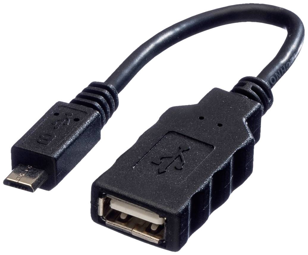Ein schwarzes USB-Adapterkabel mit Micro-USB-Stecker und USB-A-Buchse.