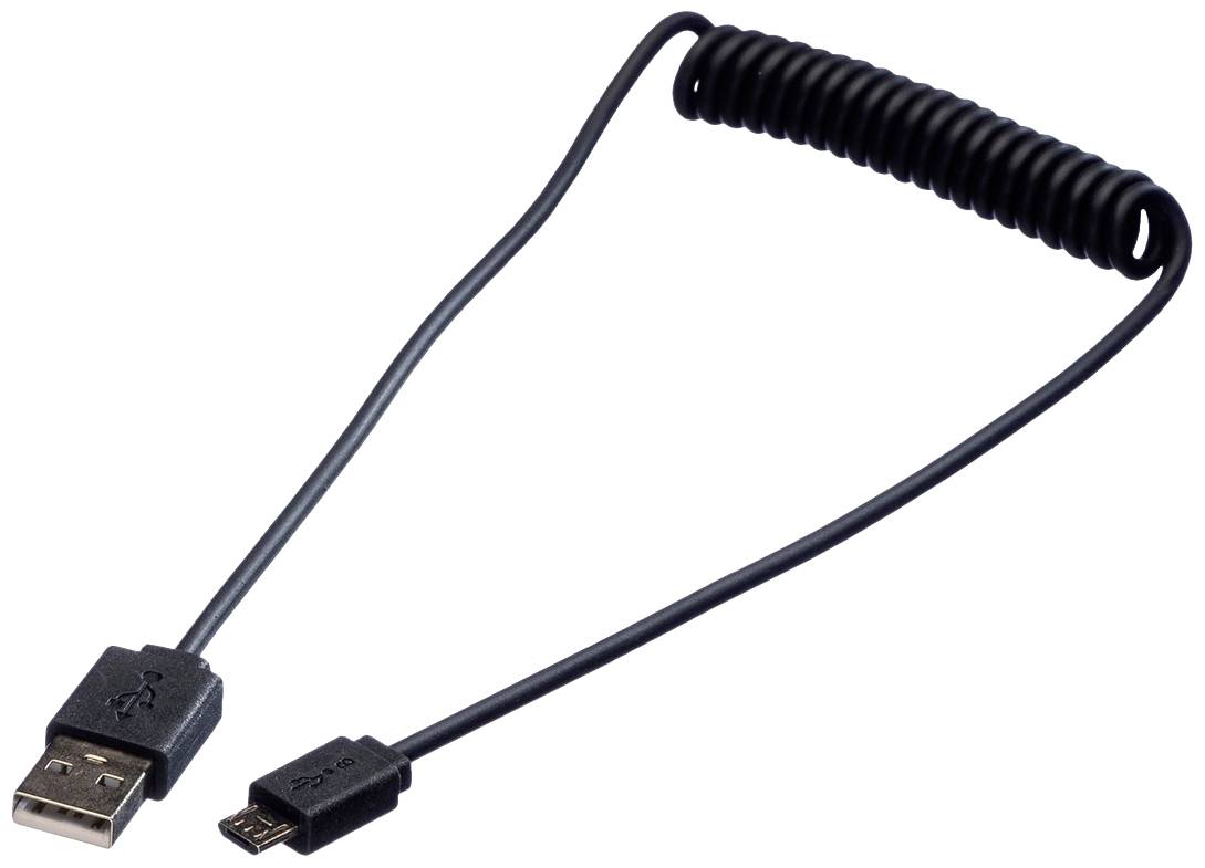 Spiralförmiges USB-Kabel mit USB-A und Micro-USB-Anschluss, geeignet zum Laden oder zur Datenübertragung zwischen Geräten.