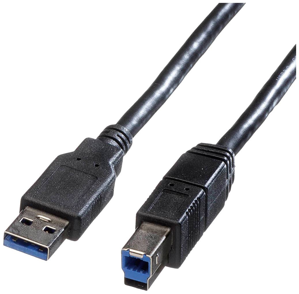 USB-Kabel mit einem Type-A-Stecker (links) und einem Type-B-Stecker (rechts). Geeignet für den Anschluss von Peripheriegeräten.
