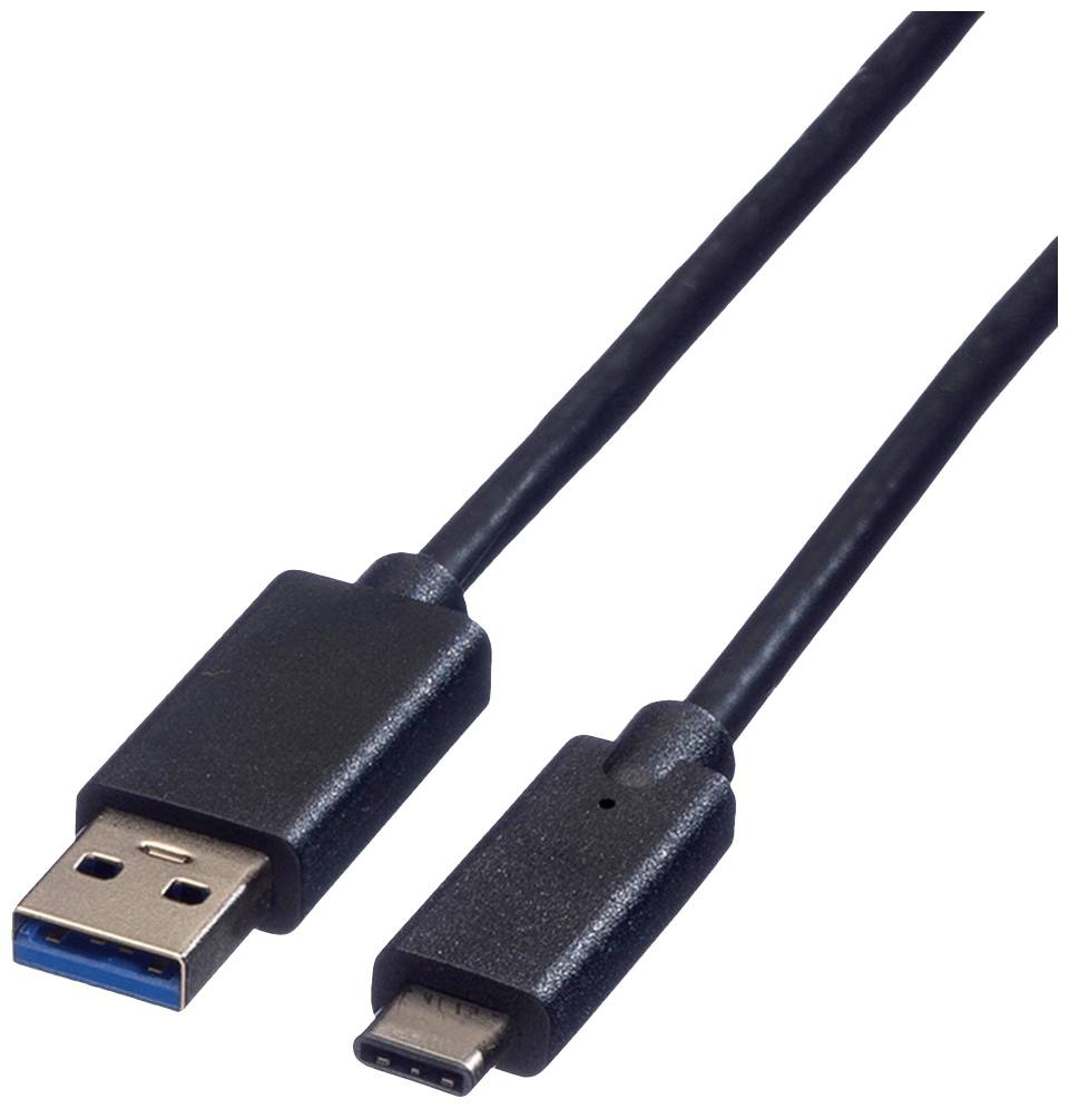 USB-Kabel mit zwei Steckertypen: USB-A links und USB-C rechts, beide schwarz.