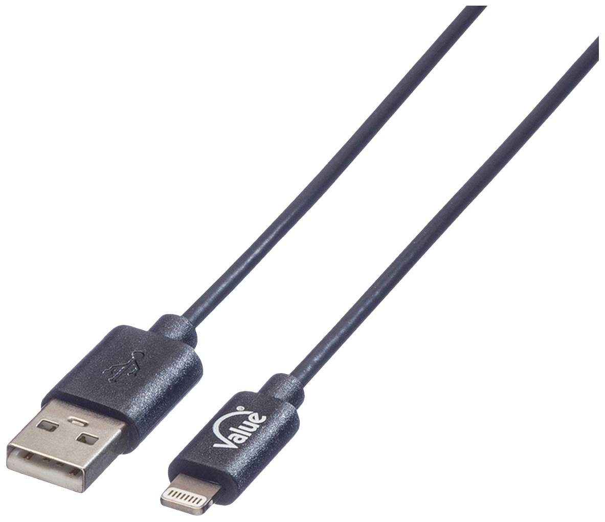 Schwarzes USB-Kabel mit USB-A- und Lightning-Stecker, geeignet für Datenübertragung und Laden von Geräten.